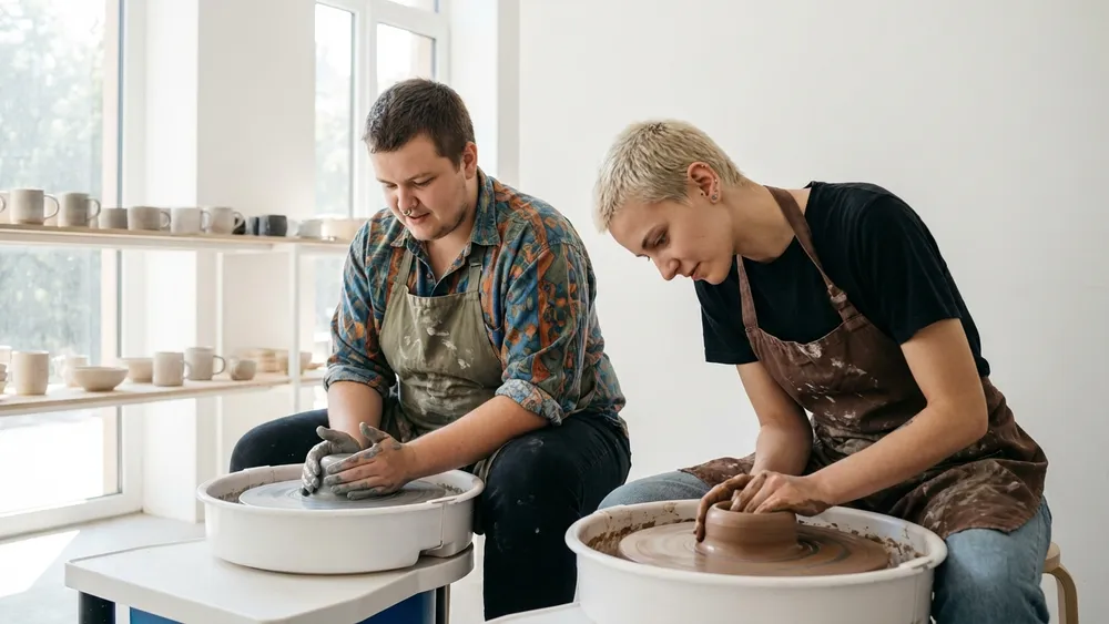 Töpfer-Workshop in Kassel – zwei Personen formen Ton an der Drehscheibe