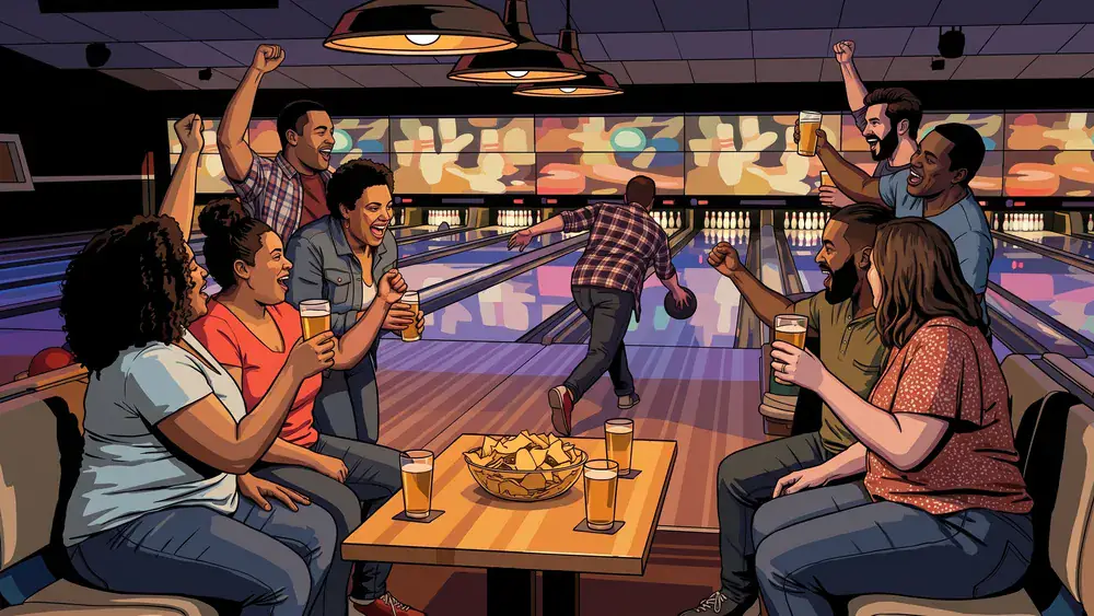 Bowling in Kassel - Gruppe jubelt an der Bahn beim Wurf