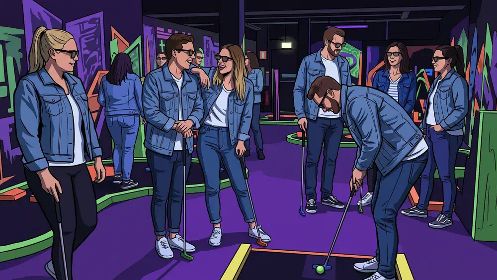 NeonGolf bei funXperience Kassel – Kollegen spielen Schwarzlicht-Minigolf mit 3D-Brillen