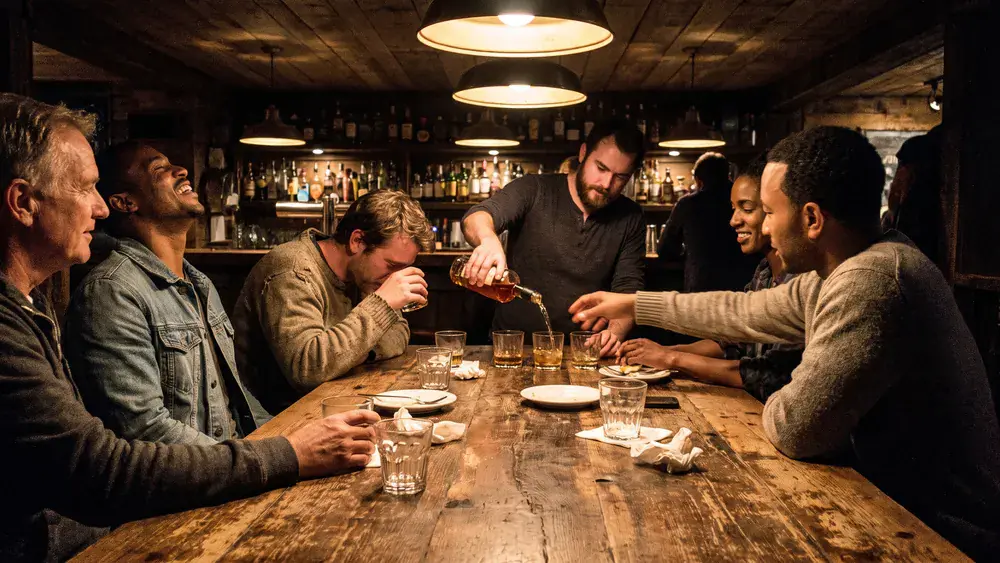 Whisky-Tasting in Kassel – Kollegen verkosten Spirituosen an einem Tisch in der Bar