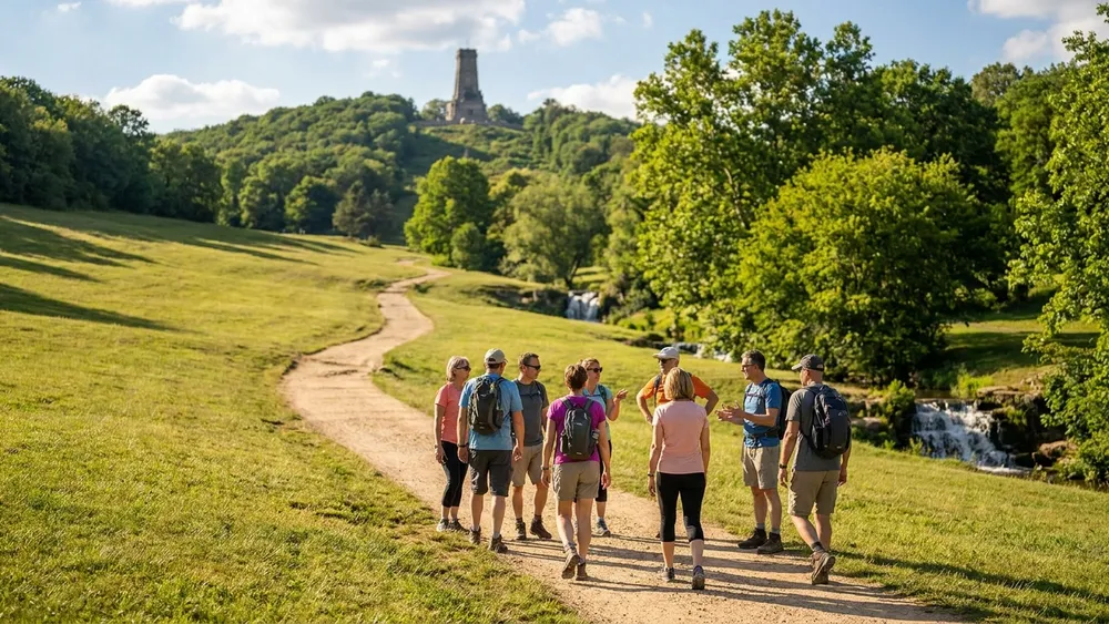 Bergpark Wilhelmshöhe in Kassel – Gruppe wandert durch den UNESCO-Welterbe-Park mit Blick auf den Herkules