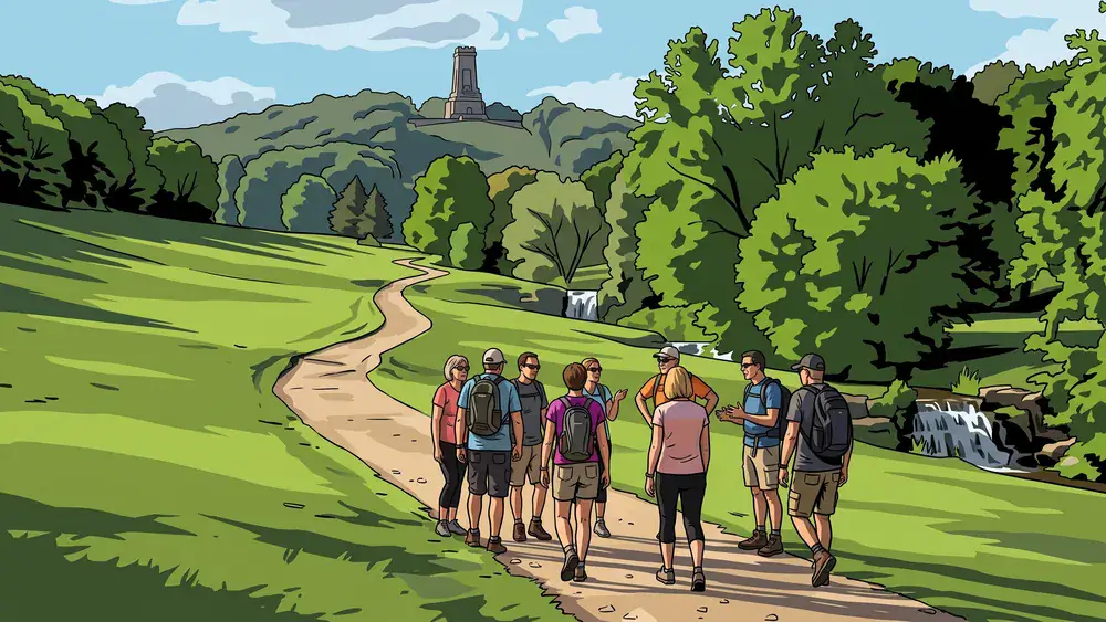 Bergpark Wilhelmshöhe in Kassel – Gruppe wandert durch den UNESCO-Welterbe-Park mit Blick auf den Herkules