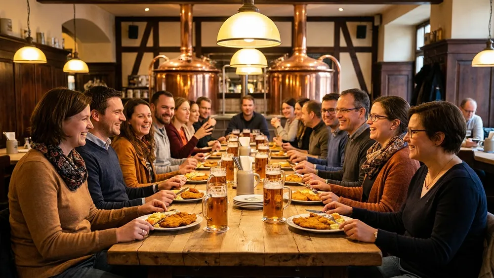 Brauhaus zum Rammelsberg in Kassel – Gruppe isst und trinkt im Festsaal eines Brauhauses