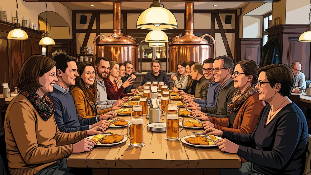 Brauhaus zum Rammelsberg in Kassel – Gruppe isst und trinkt im Festsaal eines Brauhauses