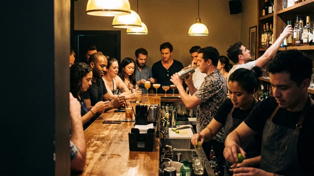 Cocktailkurs in Kassel – Gruppe mixt Cocktails an der Bar im Vorderen Westen