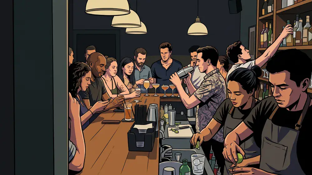 Cocktailkurs in Kassel – Gruppe mixt Cocktails an der Bar