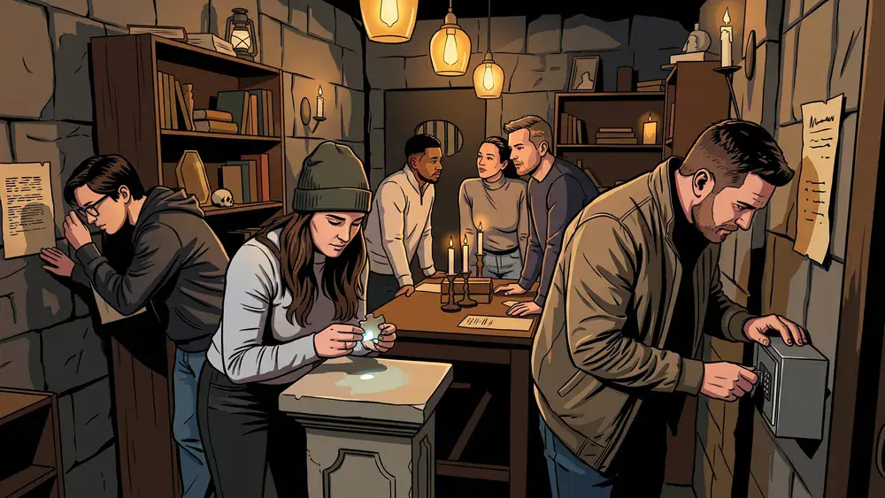 EXITgameKassel – Gruppe aus fünf Personen löst gemeinsam Rätsel im Escape Room