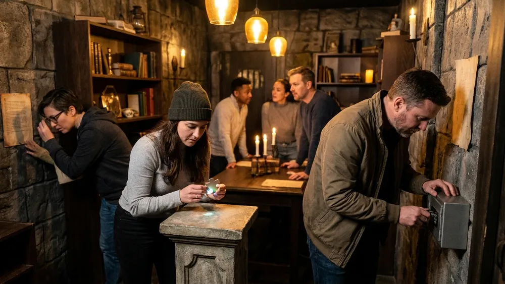 EXITgameKassel – Gruppe aus fünf Personen löst gemeinsam Rätsel im Escape Room