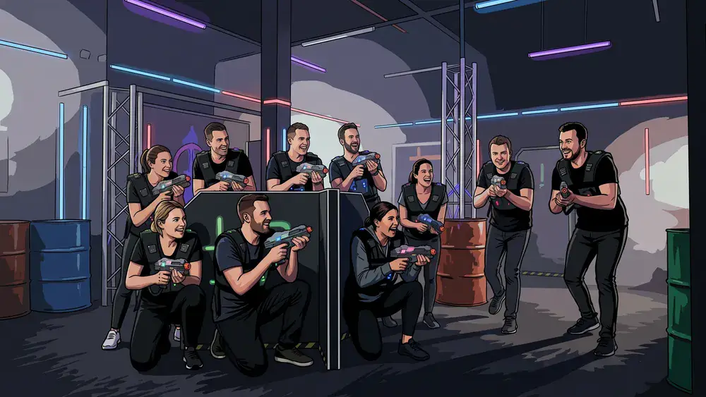Lasertag bei funXperience Kassel – Gruppe mit Sensorwesten spielt in einer dunklen Neon-Arena