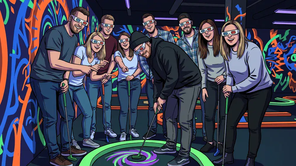 NeonGolf bei funXperience Kassel – Gruppe spielt Schwarzlicht-Minigolf mit 3D-Brillen