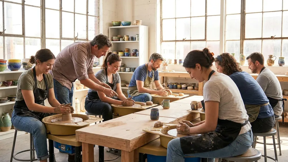 Töpfer-Workshop in Kassel – Gruppe formt Ton an der Drehscheibe in einem hellen Keramikstudio