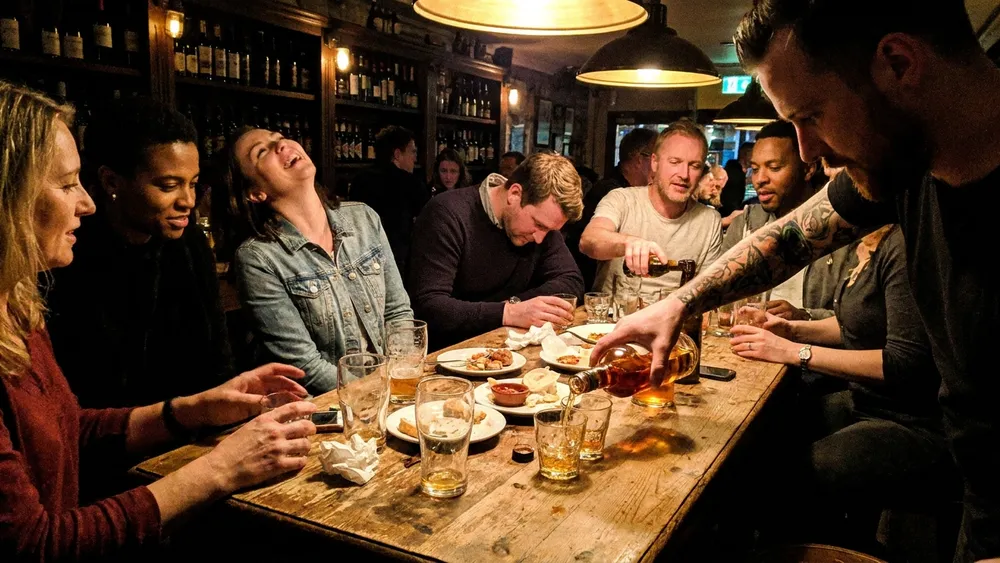 Whisky-Tasting in Kassel – Gruppe verkostet Spirituosen an einem Tisch in der Bar