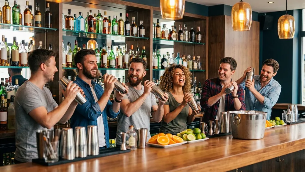 Cocktailkurs in Kassel - Erwachsene mixen gemeinsam Cocktails hinter der Bar