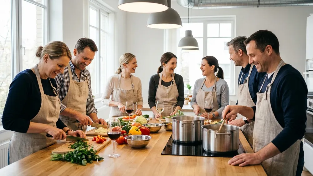 Kochkurs in Kassel - Erwachsene kochen gemeinsam ein Menü in einer Kochschule