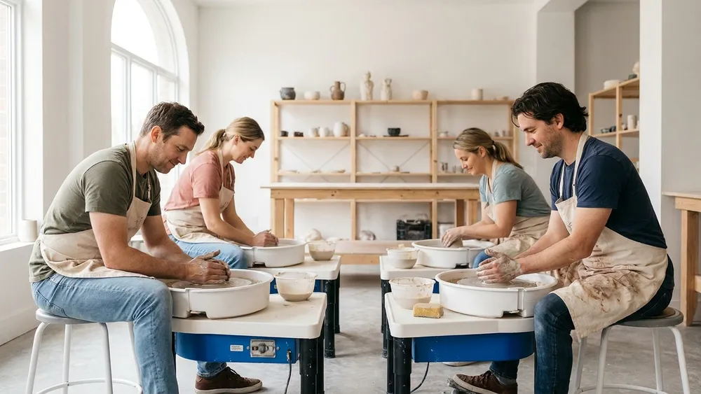 Töpfer-Workshop in Kassel - Erwachsene formen Ton an der Drehscheibe