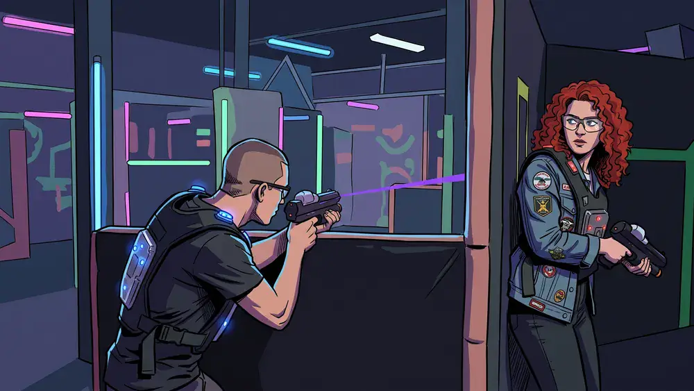 Lasertag bei funXperience Kassel – zwei Personen in der Schwarzlicht-Arena