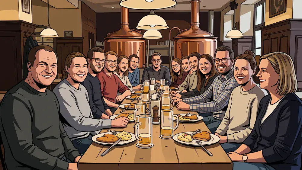 Brauhaus zum Rammelsberg in Kassel – Team isst und trinkt im Festsaal eines Brauhauses