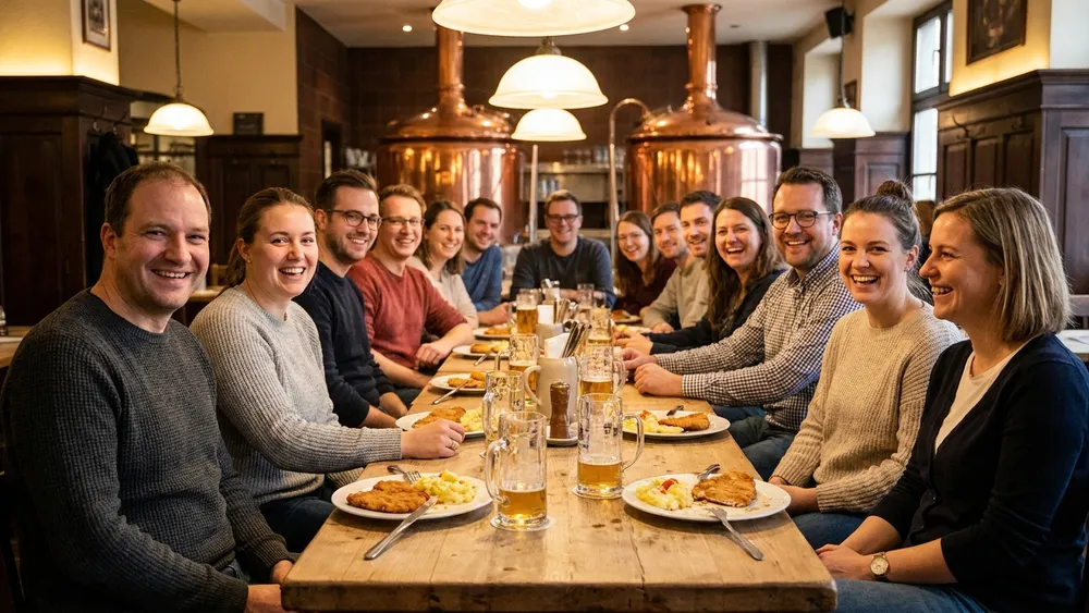 Brauhaus zum Rammelsberg in Kassel – Team isst und trinkt im Festsaal eines Brauhauses