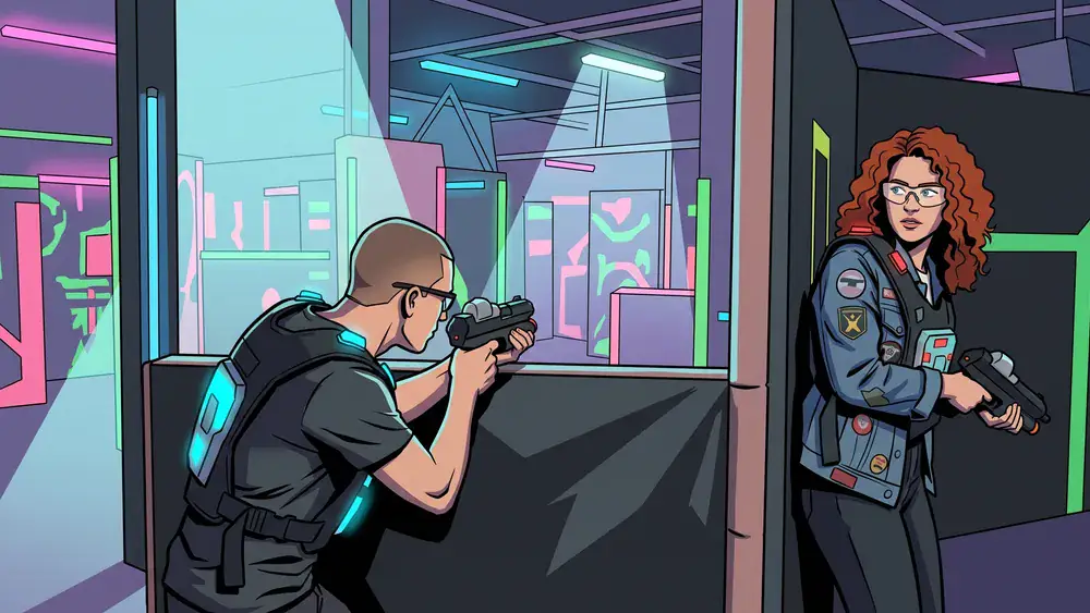 Lasertag bei funXperience Kassel – Team in tactical vests spielt in einer dunklen Neon-Arena