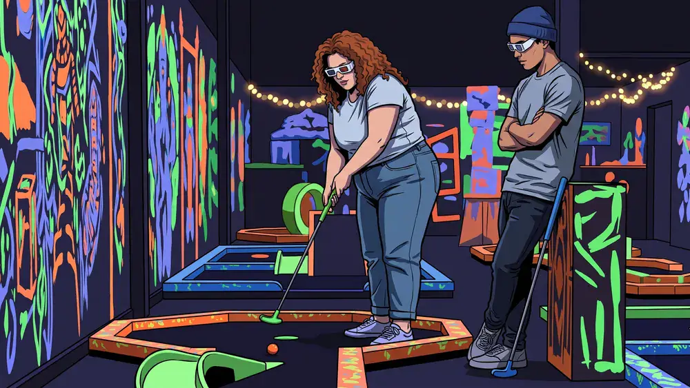 NeonGolf bei funXperience Kassel – Team spielt Schwarzlicht-Minigolf mit 3D-Brillen