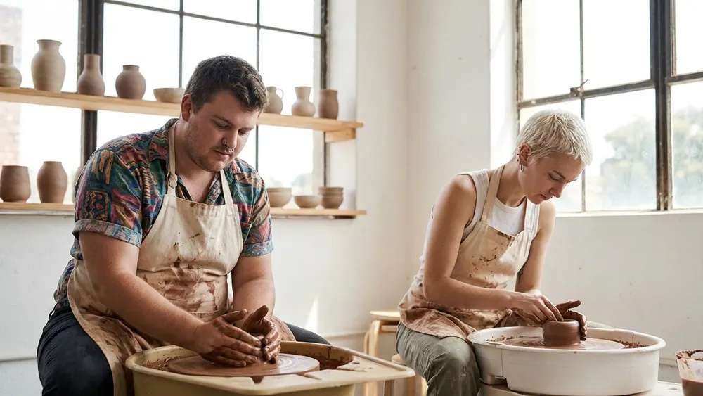 Töpfer-Workshop in Kassel – Team formt Ton an der Drehscheibe in einem hellen Keramikstudio