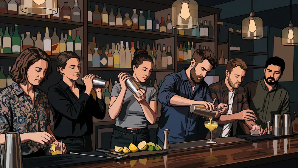 Cocktailkurs in Kassel – JGA-Gruppe shakt Drinks hinter der Bartheke