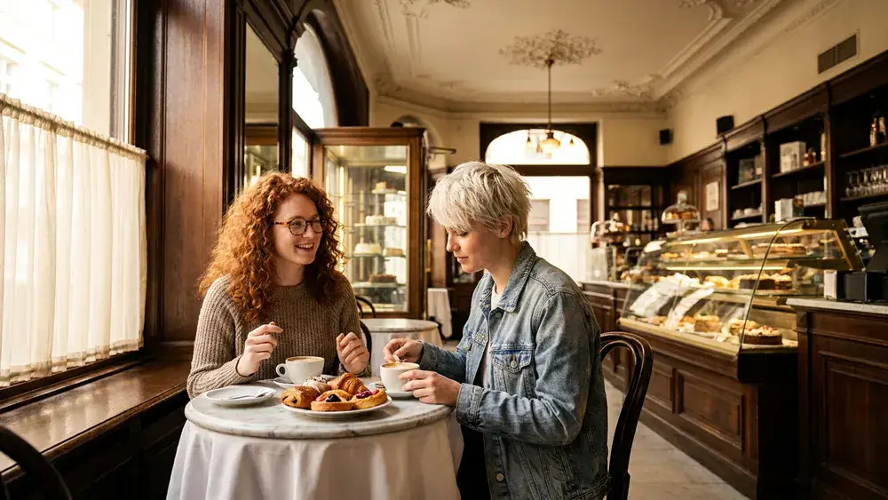 Café Nenninger in Kassel – Zwei Personen frühstücken mit Kaffee und Gebäck im Traditionscafé am Friedrichsplatz