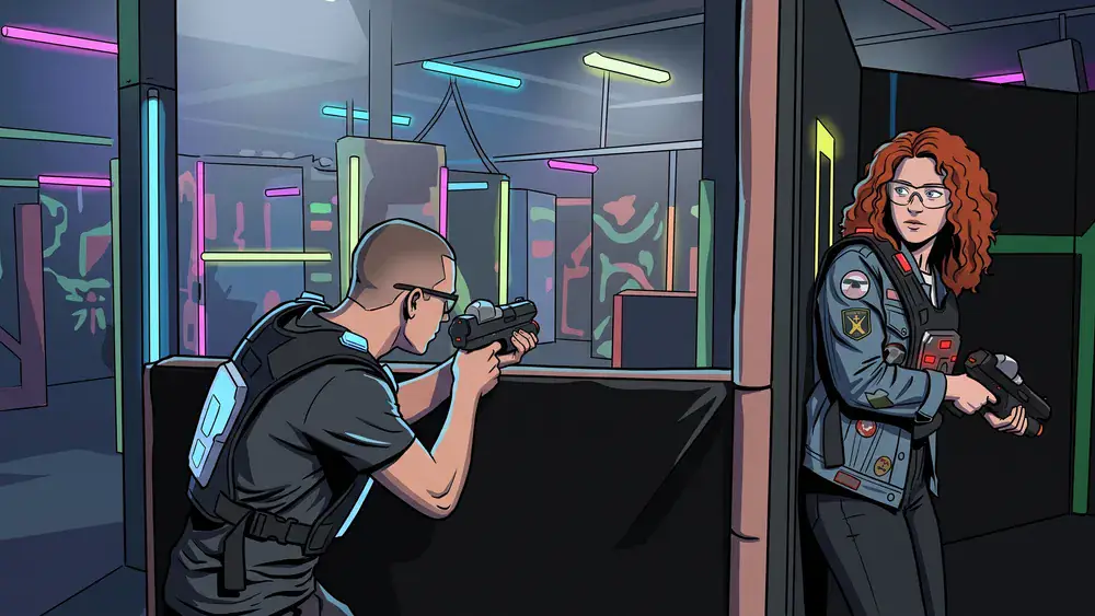 Lasertag bei funXperience Kassel – Team in tactical vests spielt in einer dunklen Neon-Arena