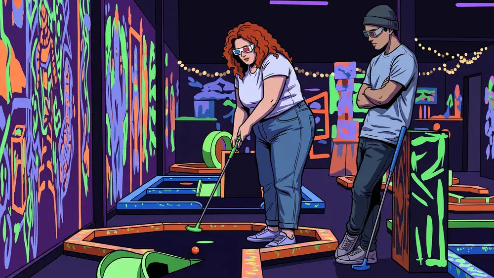 NeonGolf bei funXperience Kassel – Team spielt Schwarzlicht-Minigolf mit 3D-Brillen