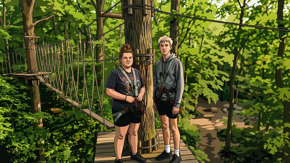 Kletterwald Kassel – Schüler klettern durch einen Hochseilparcours zwischen den Baumwipfeln