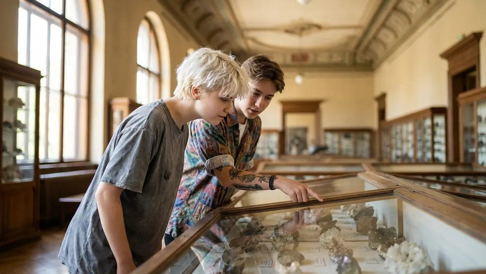 Naturkundemuseum Ottoneum in Kassel – Schüler betrachten Ausstellungsstücke in der historischen Halle