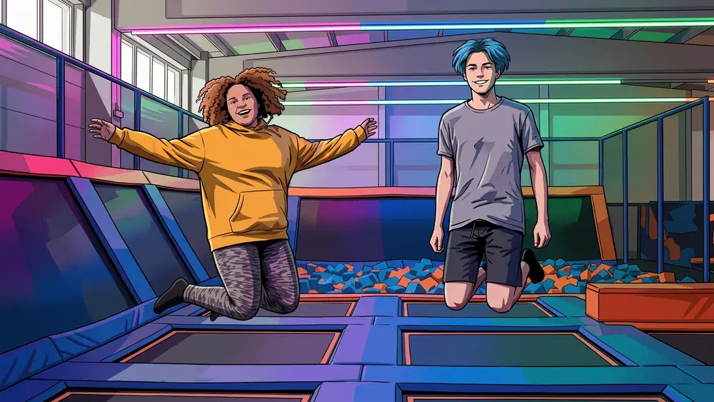 Superfly Trampolinpark Kassel – Schüler springen auf verbundenen Trampolinen