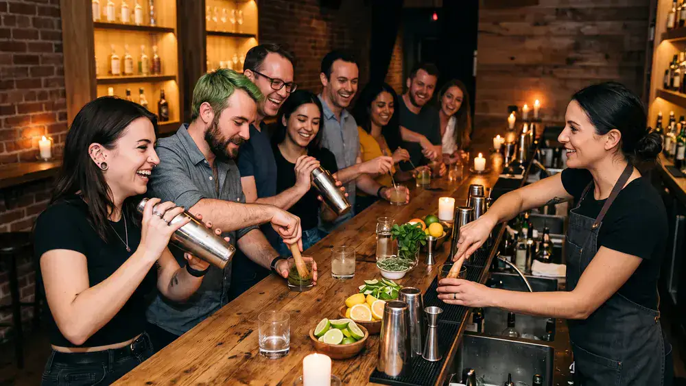 Cocktailkurs in Kassel – Kollegen mixen bei der Weihnachtsfeier Cocktails an der Bar im Vorderen Westen