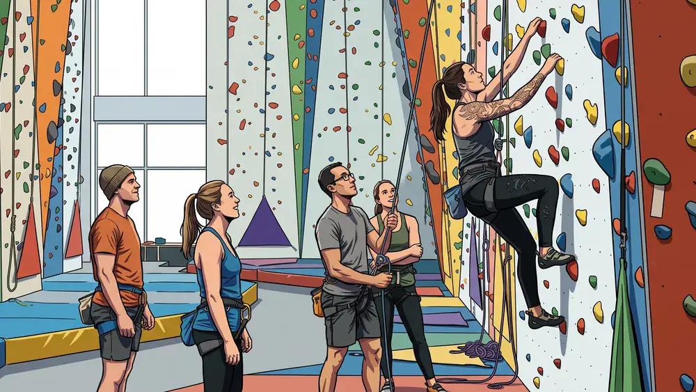 DAV Kletterzentrum Nordhessen Kassel – Kollegen bouldern bei der Weihnachtsfeier an bunten Griffen