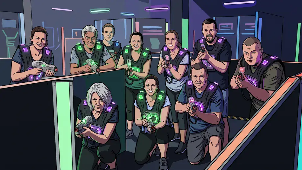 Lasertag bei funXperience Kassel – Kollegen feiern in tactical vests in einer dunklen Neon-Arena