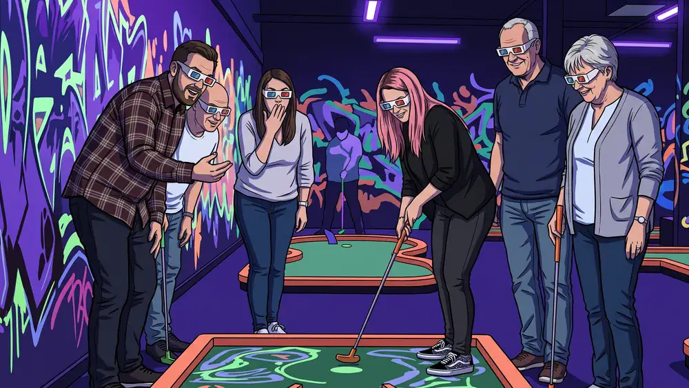 NeonGolf bei funXperience Kassel – Kollegen feiern und spielen Schwarzlicht-Minigolf mit 3D-Brillen