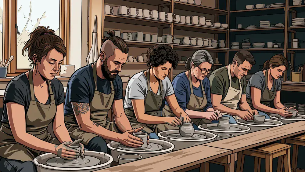Töpfer-Workshop in Kassel – Kollegen formen bei der Weihnachtsfeier Ton an der Drehscheibe in einem hellen Keramikstudio