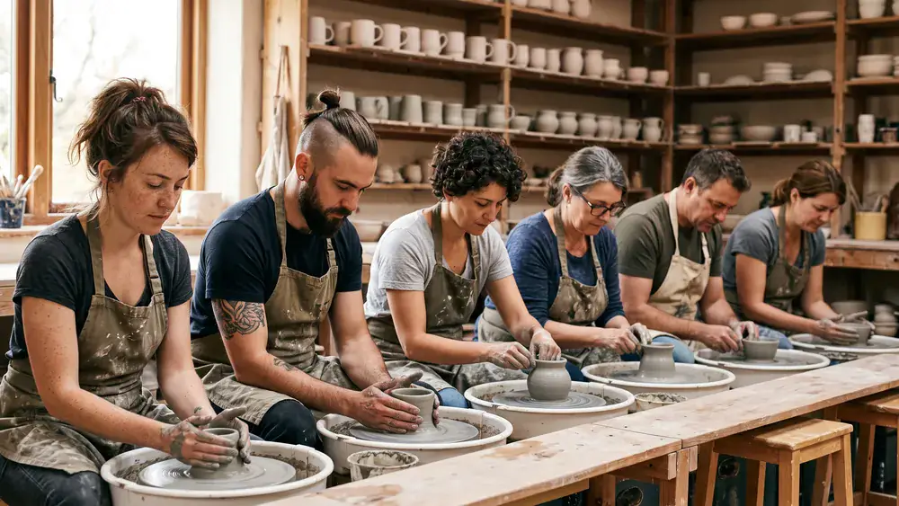 Töpfer-Workshop in Kassel – Kollegen formen bei der Weihnachtsfeier Ton an der Drehscheibe in einem hellen Keramikstudio