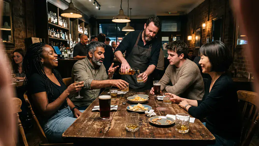 Whisky-Tasting in Kassel – kleine Kollegenrunde verkostet bei der Weihnachtsfeier Spirituosen an einem Tisch in der Bar