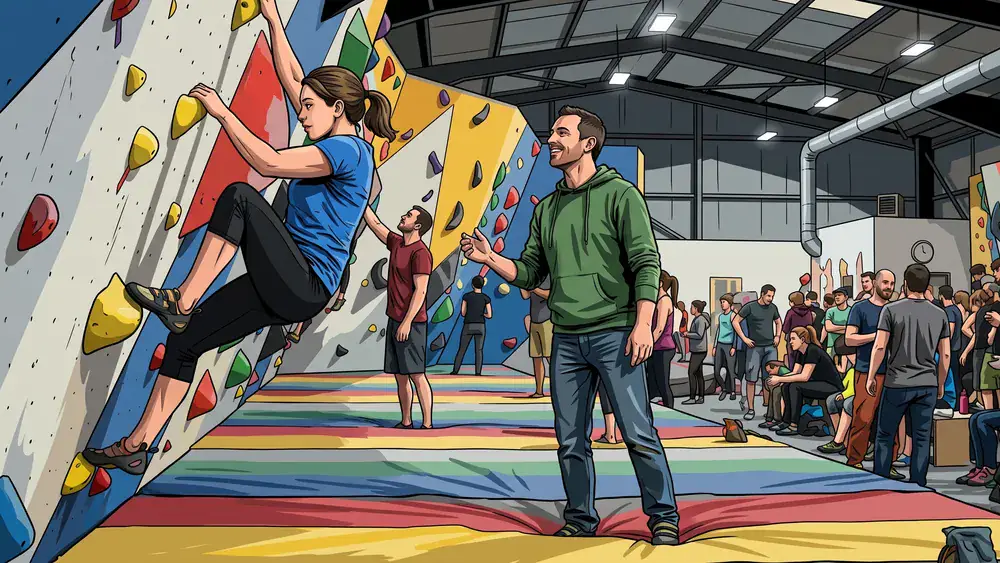 urban apes Boulderhalle in Kiel - Erwachsene klettern an bunten Griffen in einer großen Halle