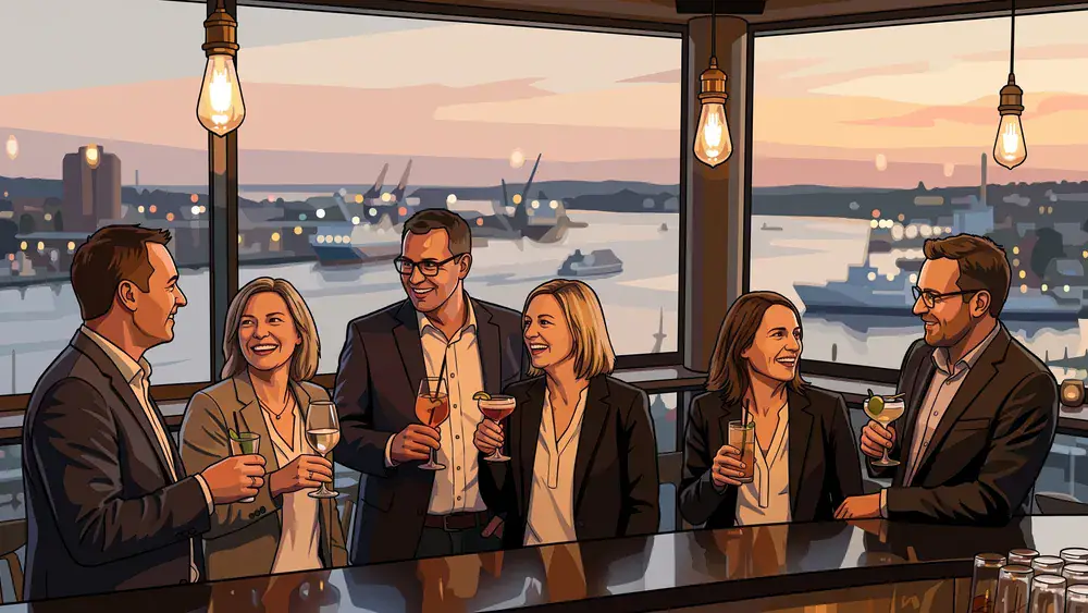 Deck 8 in Kiel - Erwachsene trinken Cocktails an der Bar mit Panoramablick auf die Kieler Förde