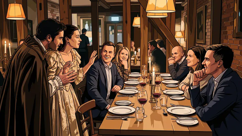 Krimidinner in Kiel - Erwachsene verfolgen beim Menü eine Schauspielszene am gedeckten Tisch