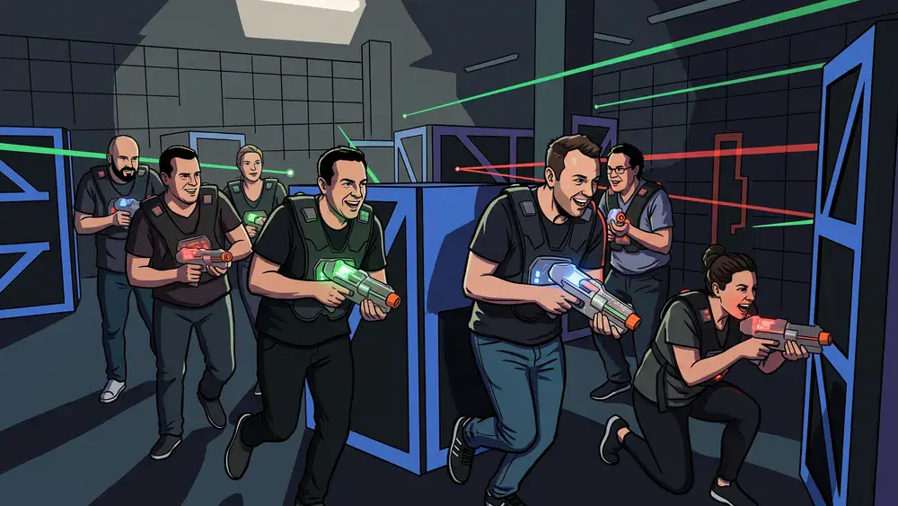 LaserZone Kiel - Erwachsene mit Laserpistolen in einer neonbeleuchteten Arena