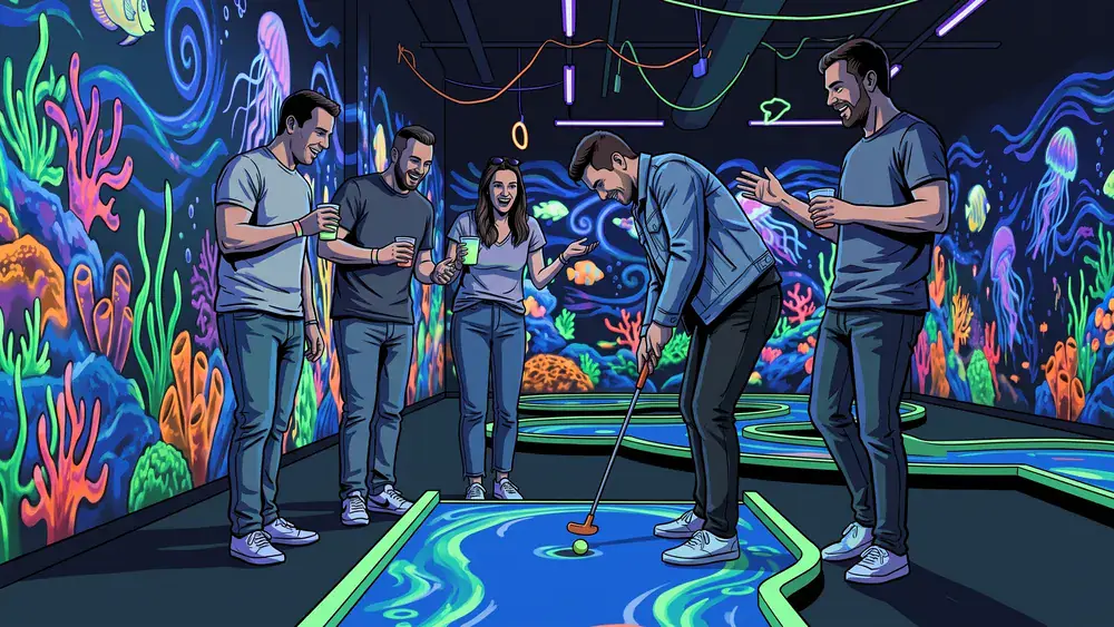 4D Schwarzlicht Minigolf in Kiel - Erwachsene spielen Minigolf in leuchtenden Neonfarben