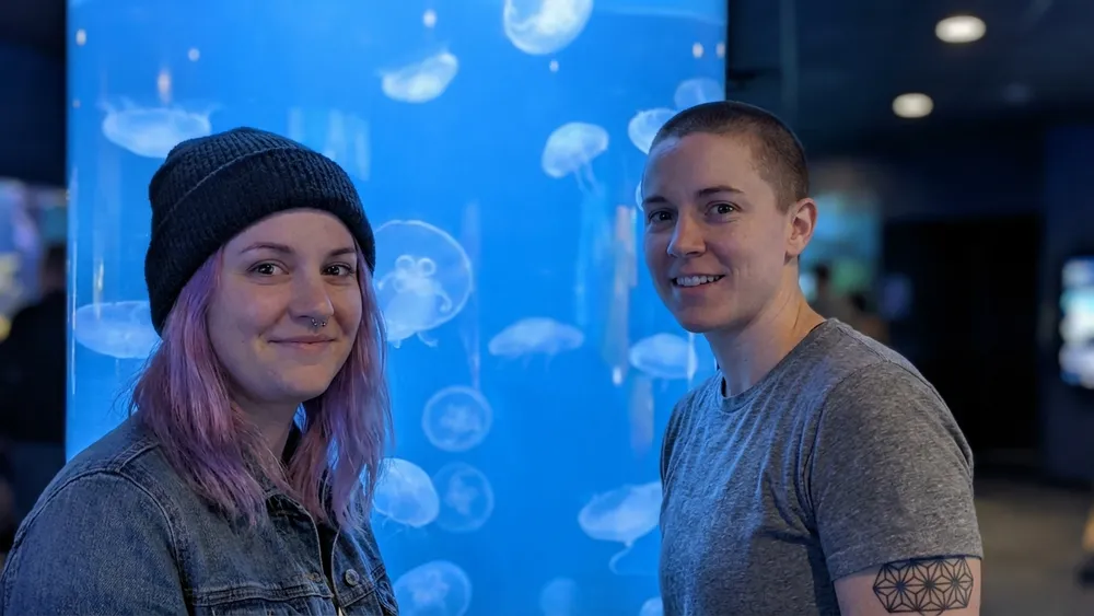 Aquarium GEOMAR in Kiel – Zwei Personen vor einem beleuchteten Aquarium mit Quallen