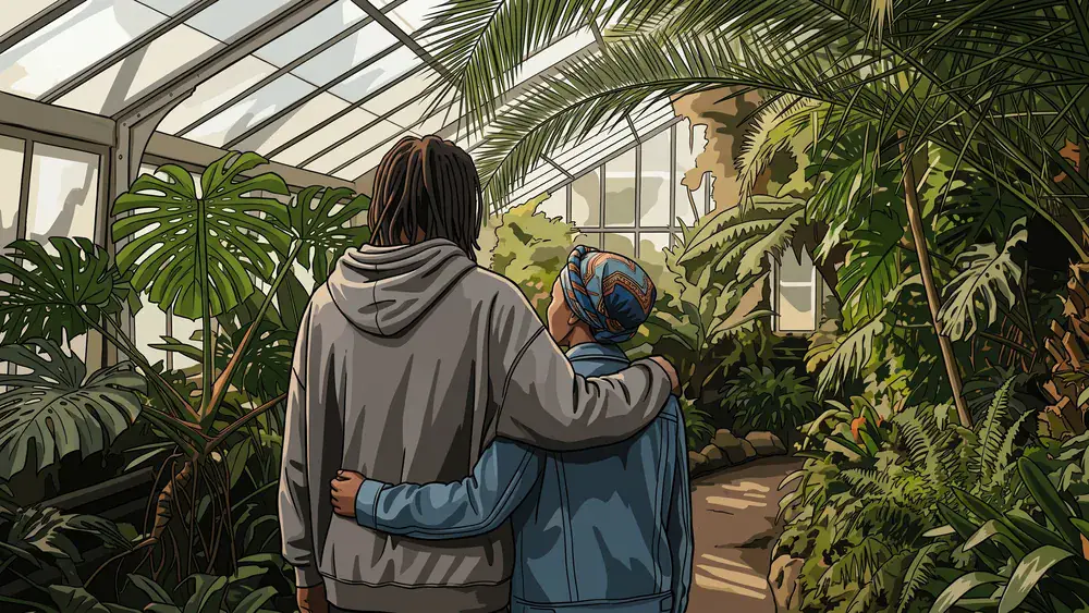 Botanischer Garten Kiel – Zwei Personen spazieren durch ein tropisches Gewächshaus