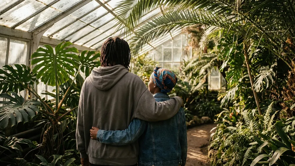 Botanischer Garten Kiel – Zwei Personen spazieren durch ein tropisches Gewächshaus