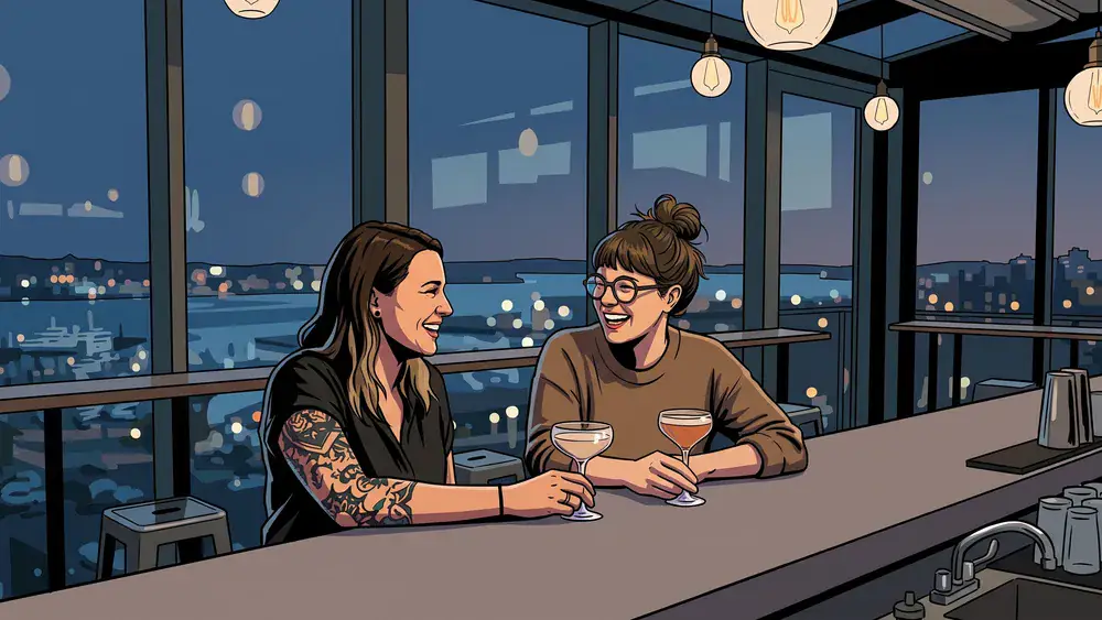 Deck 8 Bar in Kiel – Zwei Personen an der Bar mit Panoramablick auf die Förde
