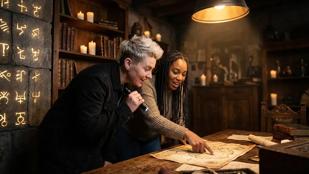 Final Escape Kiel – Zwei Personen lösen gemeinsam Rätsel in einem thematischen Escape Room