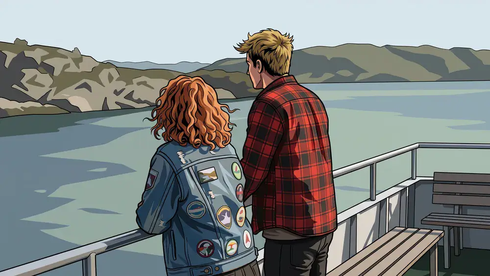 Fördeschifffahrt in Kiel – Zwei Personen stehen an der Reling einer Fähre auf der Kieler Förde